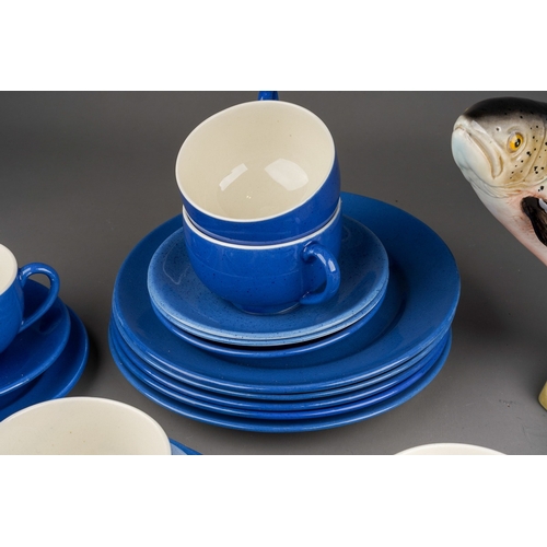 42 - A selection of Moorcroft Powder Blue to include, cups, saucers, etc (19 pieces); a Beswick trout 20c... 