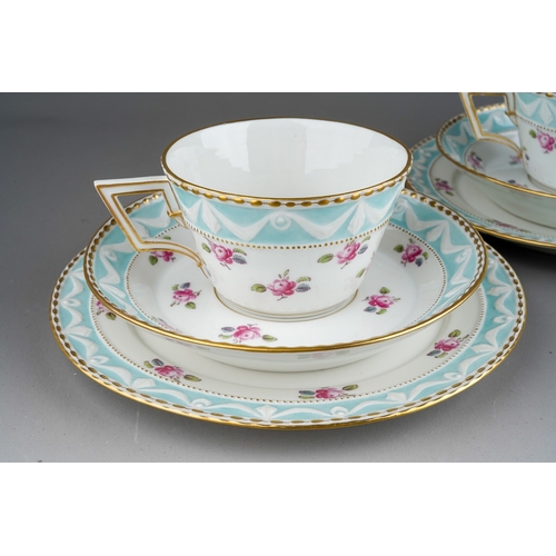 57 - A set of three 19th century KPM Berlin breakfast cups, saucers and tea plates, relief moulded gilt r... 