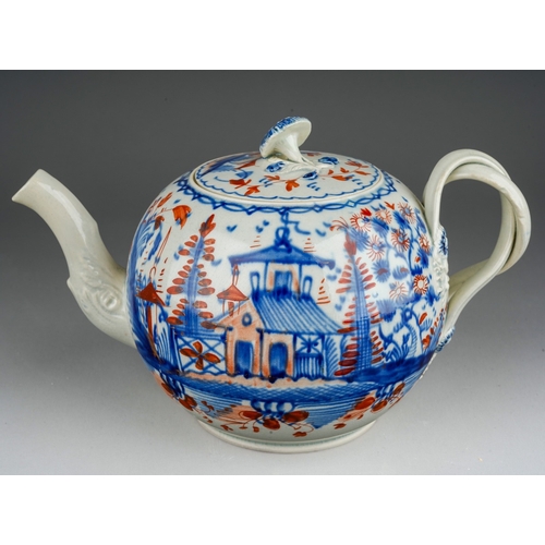 69 - Century bullet shaped Creamware teapot, with pearlware glaze and chinoiserie decoration