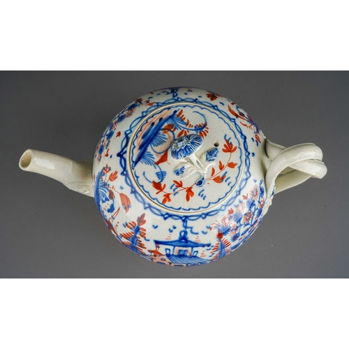 69 - Century bullet shaped Creamware teapot, with pearlware glaze and chinoiserie decoration