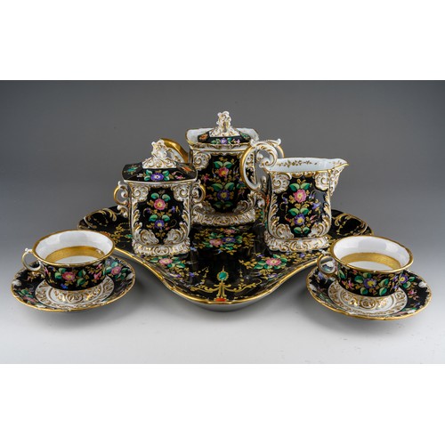 75 - A Paris porcelain tea\coffee set to include a pair of cups and saucer, coffee pot and cover (repair ... 