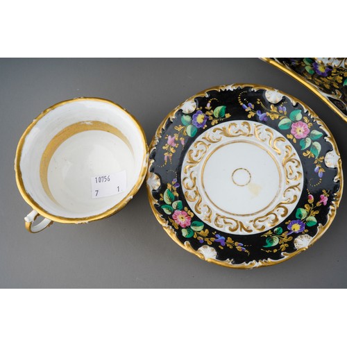 75 - A Paris porcelain tea\coffee set to include a pair of cups and saucer, coffee pot and cover (repair ... 