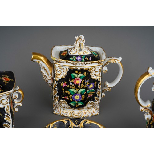 75 - A Paris porcelain tea\coffee set to include a pair of cups and saucer, coffee pot and cover (repair ... 