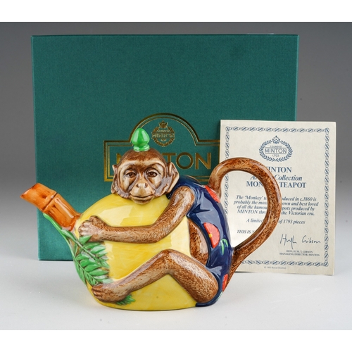 116 - Minton majolica style archive collection monkey teapot limited edition of 1793 no 467 in original bo... 