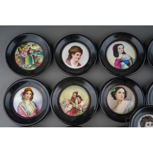 121 - Collection of 16  continental porcelain plaques of ladies, some hand painted, some transfer print wi... 