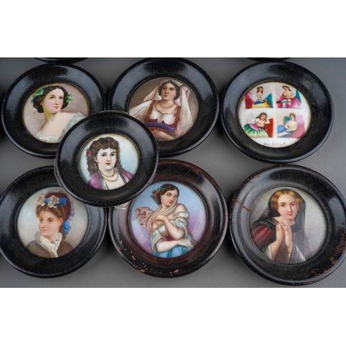 121 - Collection of 16  continental porcelain plaques of ladies, some hand painted, some transfer print wi... 