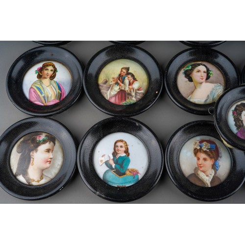 121 - Collection of 16  continental porcelain plaques of ladies, some hand painted, some transfer print wi... 