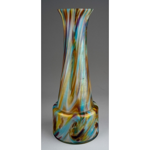 131 - An early 20th century iridescent cased and marbled glass vase in the manner of Rindskopf, conical fo... 