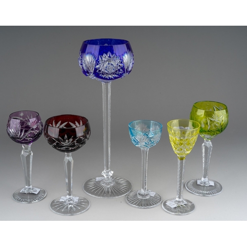 143 - Six flushed glasses including green St Louis glass and blue glass probably Val St Lambert 'Berncastl... 