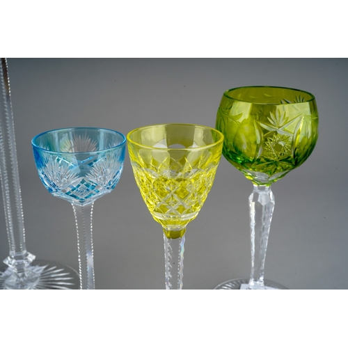 143 - Six flushed glasses including green St Louis glass and blue glass probably Val St Lambert 'Berncastl... 