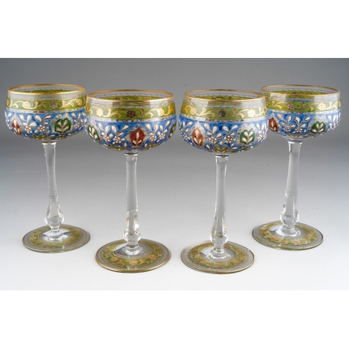 145 - 4 Fritz Heckert wine glasses with polychrome enamelled detailing, circa 1910