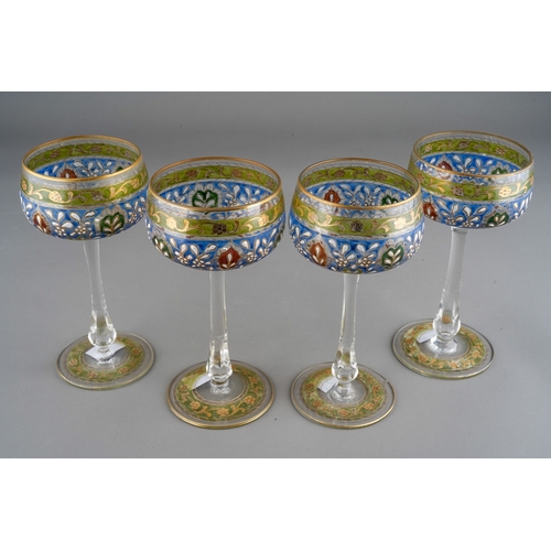 145 - 4 Fritz Heckert wine glasses with polychrome enamelled detailing, circa 1910