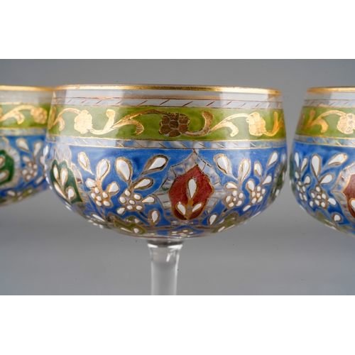 145 - 4 Fritz Heckert wine glasses with polychrome enamelled detailing, circa 1910