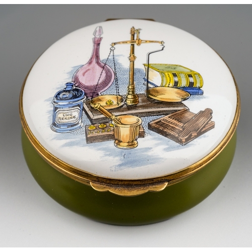 223 - Round blue enamel box with hinged lid featuring a pharmacy scene with  bronze rims and hardware. Cru... 