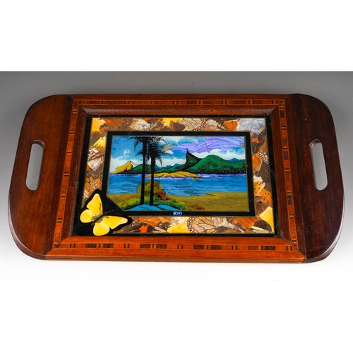 230 - Early 20th century mahogany inlaid ‘ Rio [de Janeiro] ‘ twin handed tray inset with butterfly wings,... 