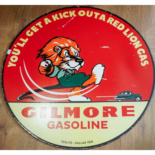 231 - Advertising: a Gilmore Gasoline (Texlite Dallas 1935) circular enamel double sided sign with slogan ... 