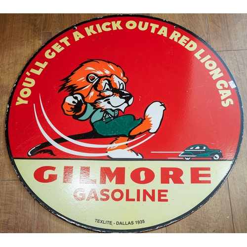 231 - Advertising: a Gilmore Gasoline (Texlite Dallas 1935) circular enamel double sided sign with slogan ... 