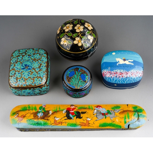 245 - Five various painted wooden boxes and covers including an Asian pen box decorated with a deer huntin... 