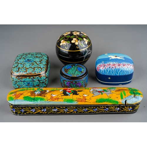 245 - Five various painted wooden boxes and covers including an Asian pen box decorated with a deer huntin... 