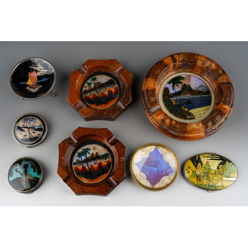 246 - Three various Rio de Janeiro reverse glass butterfly wing wood mounted ashtrays with a Rio brass mou... 