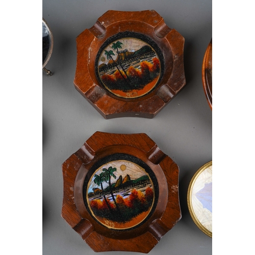 246 - Three various Rio de Janeiro reverse glass butterfly wing wood mounted ashtrays with a Rio brass mou... 