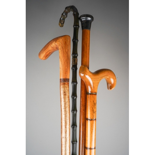 249 - Four assorted walking sticks and canes and a modern Portuguese ceramic stick stand in the form of a ... 