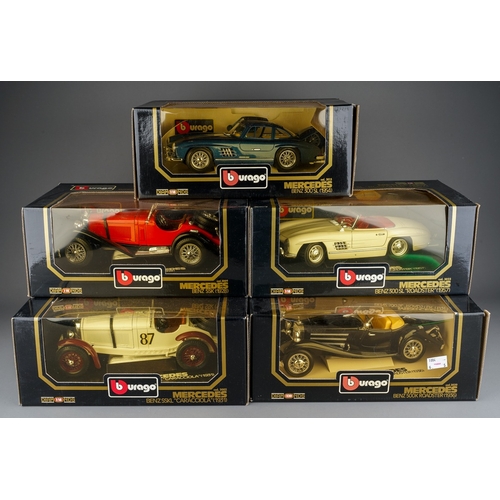 277 - Five boxed Burago Diamonds 1/18 scale diecast Mercedes model cars, comprising 500K Roadster (1936), ... 