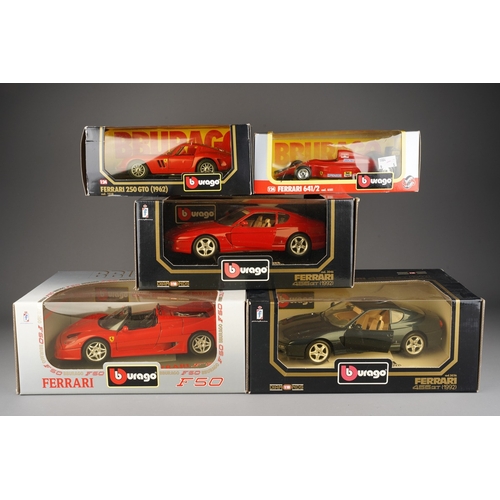 279 - Five boxed Burago diecast scale models of Ferraris, comprising two Diamonds 1:18  455GT (1992), a 1:... 