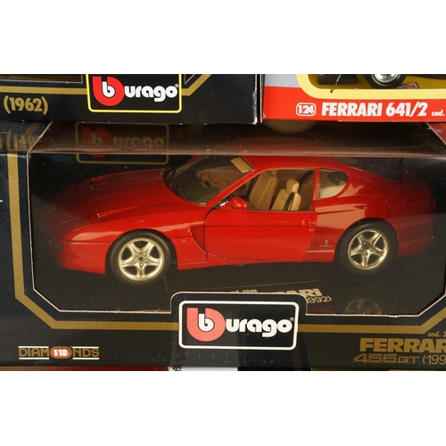 279 - Five boxed Burago diecast scale models of Ferraris, comprising two Diamonds 1:18  455GT (1992), a 1:... 