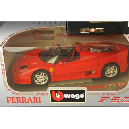 279 - Five boxed Burago diecast scale models of Ferraris, comprising two Diamonds 1:18  455GT (1992), a 1:... 