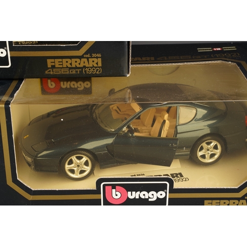 279 - Five boxed Burago diecast scale models of Ferraris, comprising two Diamonds 1:18  455GT (1992), a 1:... 