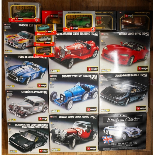 280 - Two boxes of mostly Burago boxed diecast model vehicles, comprising nine Burago 1:18, 1:24 and 1:25 ... 