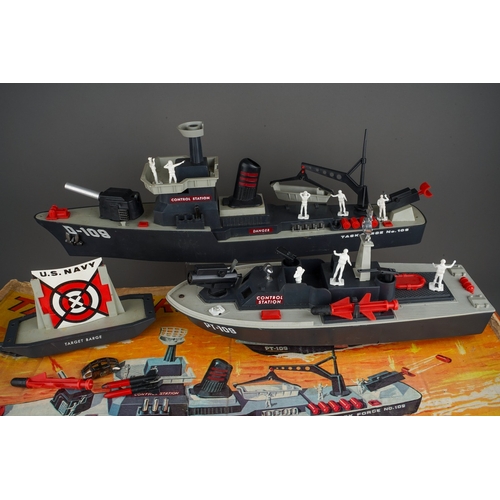 284 - Vintage military toys to include: boxed Task Force by Deluxe 1964 (destroyer, PT Boat, figures - unc... 