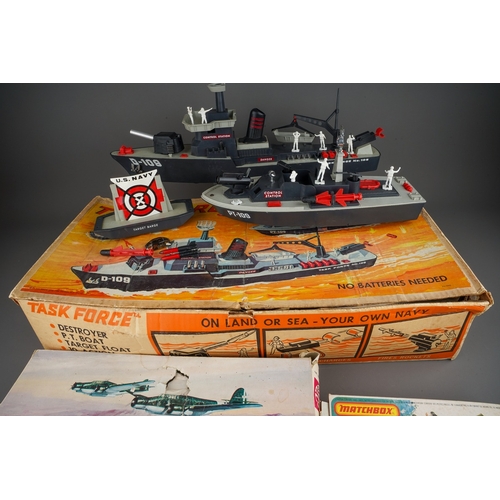 284 - Vintage military toys to include: boxed Task Force by Deluxe 1964 (destroyer, PT Boat, figures - unc... 