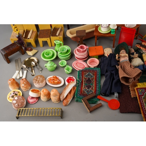 285 - A collection of assorted dolls house furniture and accessories, including a small quantity of fabric... 