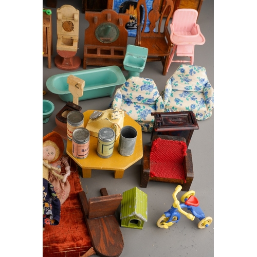 285 - A collection of assorted dolls house furniture and accessories, including a small quantity of fabric... 