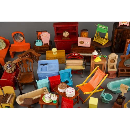 285 - A collection of assorted dolls house furniture and accessories, including a small quantity of fabric... 