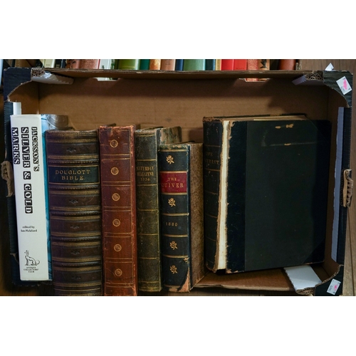 440 - Two boxes of books, etc, including a Victorian Welsh bible, The Victoria Album 1837-1887 Photograph ... 