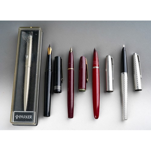 442 - A collection of pens to include three various Parker fountain pens, one boxed; a Sheaffer`s fountain... 