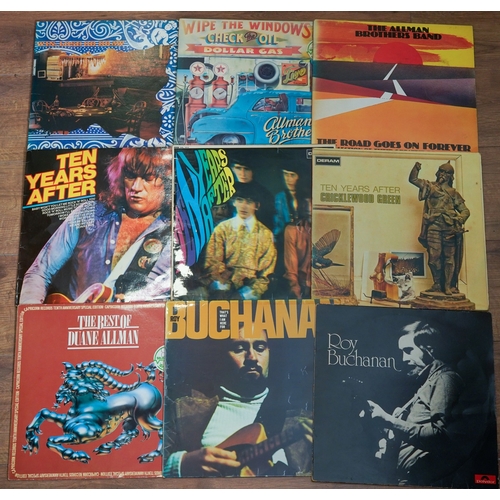 449 - A box containing forty five LPs and eight singles records, LPs include The Allman Brothers Band - Th... 