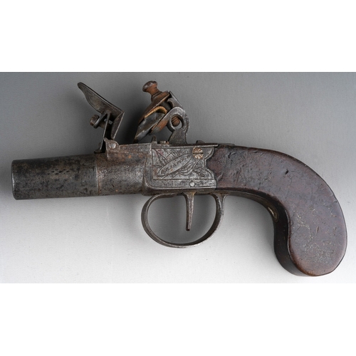 465 - A 19th century Brasher of London flintlock pocket pistol, with 3.7cm barrel, engraved lock plates, p... 