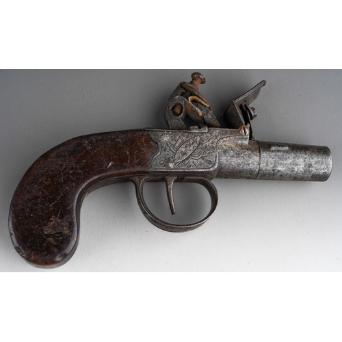 465 - A 19th century Brasher of London flintlock pocket pistol, with 3.7cm barrel, engraved lock plates, p... 