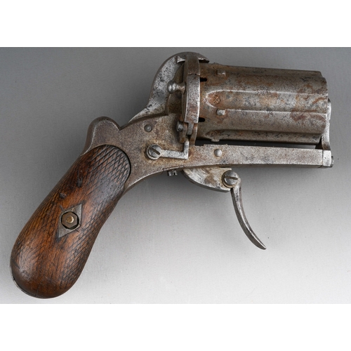 466 - A 19th century Belgian 7mm six shot pin fire pepperbox pistol, wooden grip plain one side and cheque... 