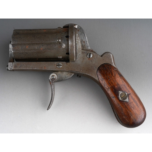 466 - A 19th century Belgian 7mm six shot pin fire pepperbox pistol, wooden grip plain one side and cheque... 