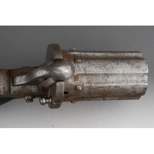 466 - A 19th century Belgian 7mm six shot pin fire pepperbox pistol, wooden grip plain one side and cheque... 