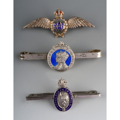 470 - RAF silver brooch, silver Royal Corps Of Signals brooch and a silver George VI & Elizabeth brooch