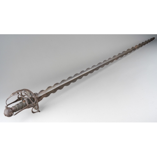 472 - 17th Century Mortuary sword with unusual flamberge blade. Chiselled steel hilt with wire bound fish ... 