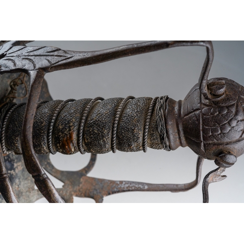 472 - 17th Century Mortuary sword with unusual flamberge blade. Chiselled steel hilt with wire bound fish ... 