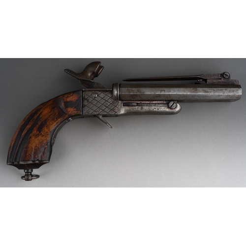 476 - A Continental pinfire side by side double barrel pistol with hinged bayonet to the top of the barrel... 