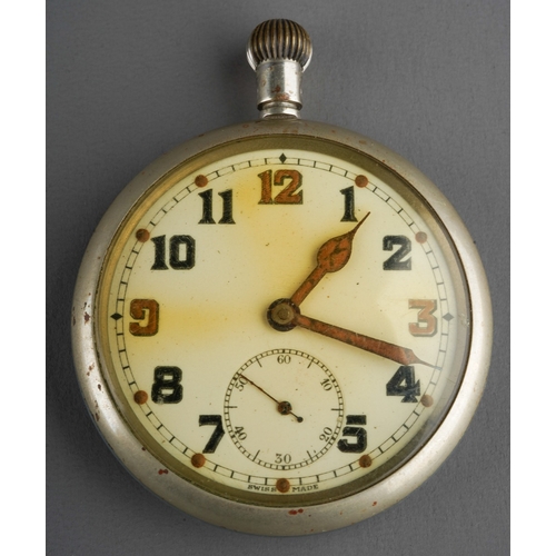 477 - Military issue pocket watch, marked with crows foot to back and G.S.T.P. 154355